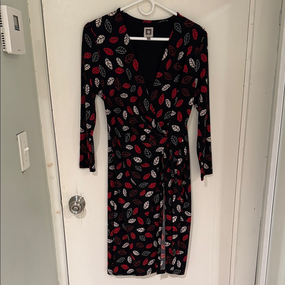 Anne Klein Black Dress with Red and White Leaf Pattern